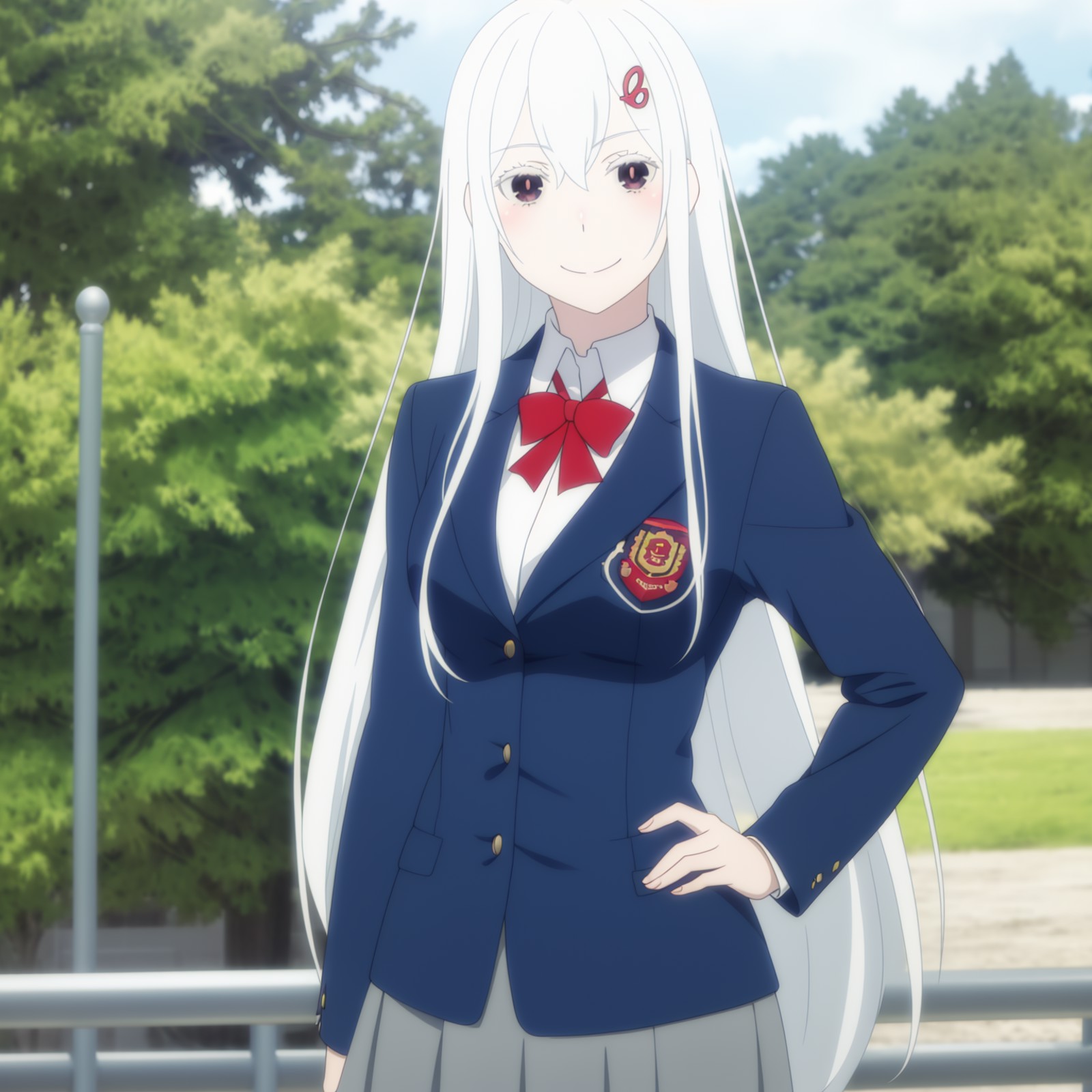 (cowboy shot:1.1),Echidna,school uniform,solo,looking at viewer,seductive smile,outdoors,one hand on hip,microskirt,